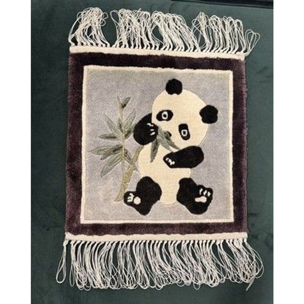 Vintage Miniature Panda Rug Silk Small Wall Hanging Fringed Tapestry Accent Mat